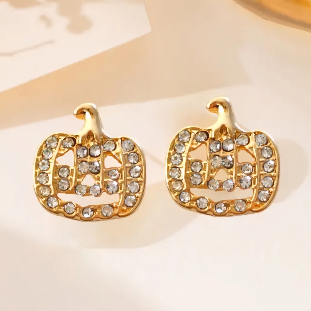 Dainty Gold Rhinestone Pumpkin Stud Earrings - Picture 2 of 2